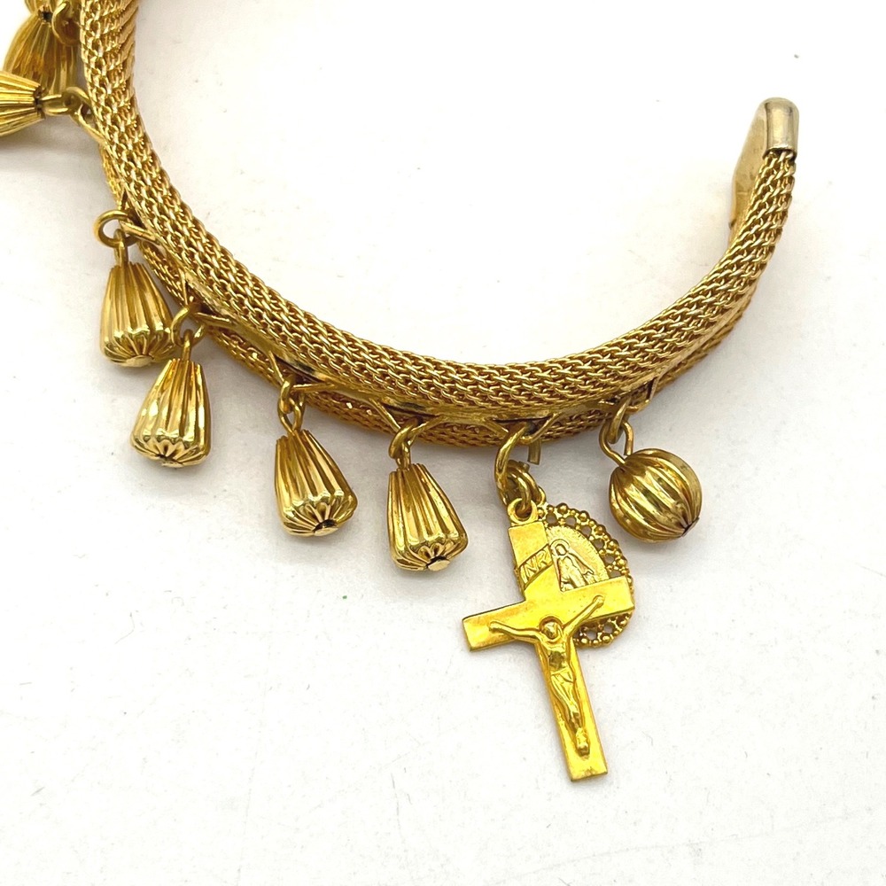 Gold Tone Mesh Cuff Bracelet with‎ Crucifix Cross and Religious Charms